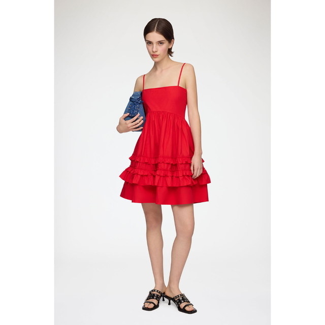 Ganni Cotton Poplin Mini Strap Frill Dress