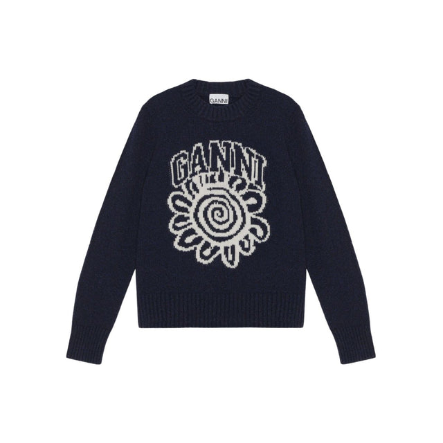 Ganni Striktrøje Graphic O-neck Pullover Flower - Prinsesse2ben