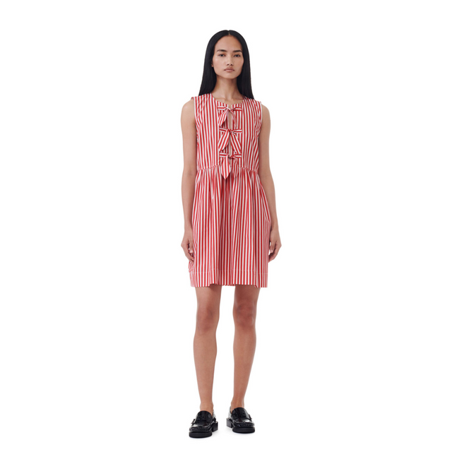 Ganni Stripe Cotton Mini Bow Tie Dress