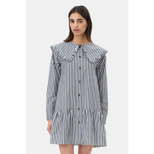 Ganni Stripe Cotton Big Collar Mini Dress