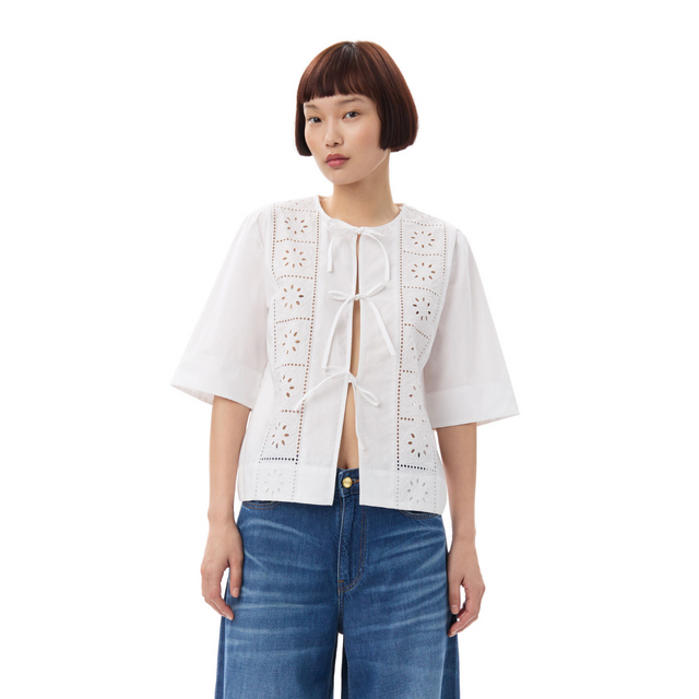 Ganni Broderie Anglaise Tie Blouse