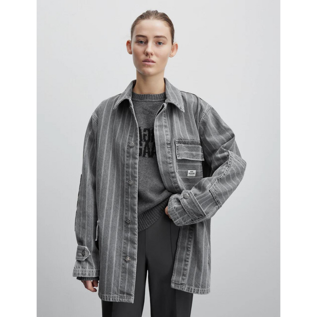 Mads Nørgaard Jakke Grey Stripe Denim Johnny Jacket - Prinsesse2ben