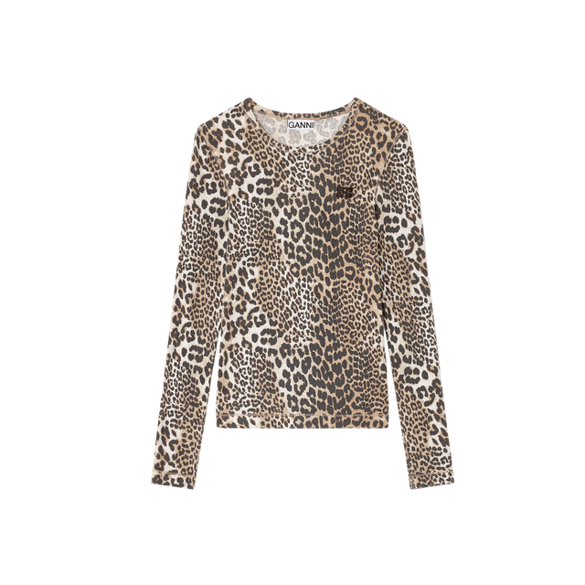 Ganni Langarmshirt aus weicher, gerippter Baumwolle mit Leo-Print